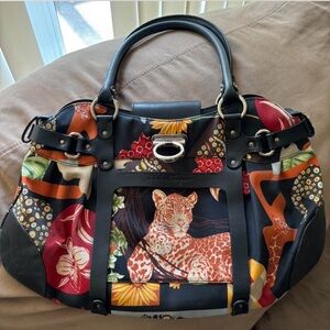 Authentic Salvatore Ferragamo Savanna Animal Nylon & Leather Handbag